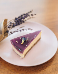 Slice of diet cheesecake with lavender