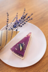 Slice of diet cheesecake with lavender