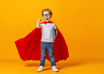 Happy smart superhero showing bicep.