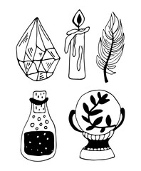Vector magic icons. Hand drawn doodles sketch magician set. Witchcraft symbols - crystal, feather, candle, potion, magic ball.