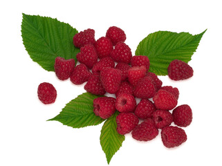 Raspberry with leaves isolated on a white background.