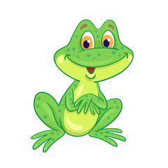 Funny green frog sits with folded legs. In cartoon style. Isolated on white background. Vector illustration.