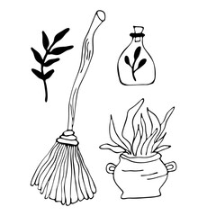 Halloween witches attributes doodles set, Vector magic icons. Witchcraft symbols - broom, potion, pot, branch.