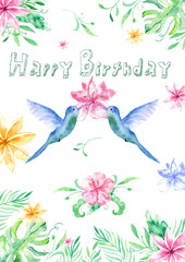 Watercolor greeting card with tropical flowers, leaves and hummingbird. Hawaiian exotic illustrations for greeting card