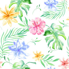 Watercolor tropical palm leaves seamless pattern. Tropical palm leaves, jungle leaf seamless floral pattern background