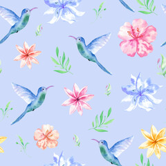 Floral seamless tropical pattern, summer background with exotic flowers, palm leaves, jungle leaf, orchid flower and hummingbird. Vintage botanical wallpaper, illustration in Hawaiian style.