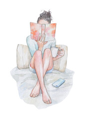 woman reading in bed with a cup of drink