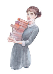 a girl with books watercolor art