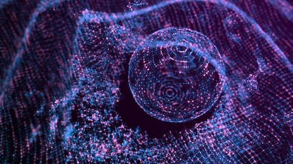 Abstract sphere of dots and lines connected to a dynamic wave. Atomic collision. 3d rendering