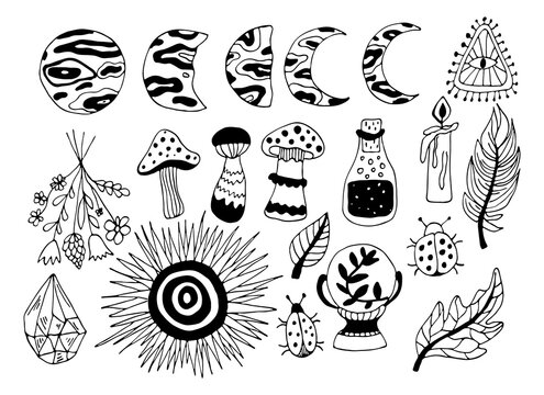 Witchcraft symbols - crystal, feather, candle, potion, magic ball, moon and sun. Vector magic illustrations. Hand drawn doodles sketch magician set.