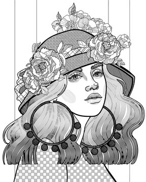 black and white coloring beautiful girl in a fashionable panama hat with peonies
