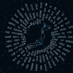 Japan digital map. Binary rays radiating around glowing country. Internet connections and data exchange design. Vector illustration.