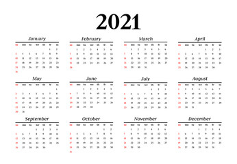 Calendar for 2021 isolated on a white background