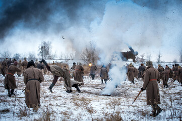 History of Ukraine. War in Ukraine. Soldiers flee to the defense. Battlefield. Explosion. Soldiers in the smoke. War for Ukraine.