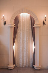 vintage light bulbs on the walls, fine curtains with drooping wrinkles, baroque style