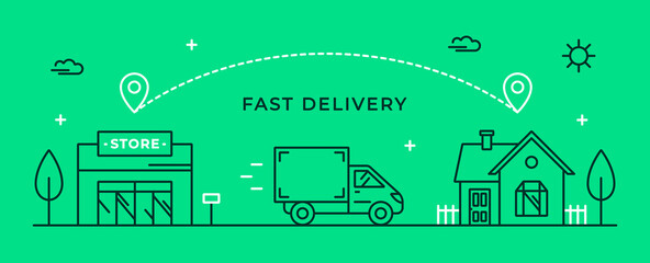 Fast delivery from store to home. Vector illustration with shop, delivery van and house. Delivery route linear icon. Web banner or flyer concept.