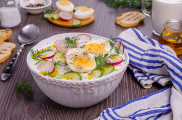 Cold soup with raw vegetables and eggs