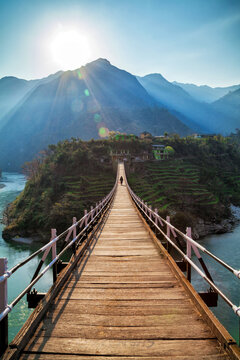 Beautiful island and Hanging Bridge On the way to Manali, Himachal Pradesh, Northern India.