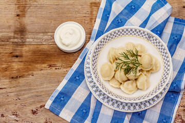 Hot meat dumplings with fresh sour cream. Traditional russian pelmeni, ravioli, greens