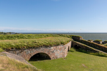 Finnish historical fortification walls on island in Baltic Sea near Helsinki