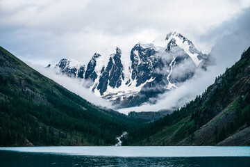 Beautiful big glacier, rocky snowy mountains, coniferous forest on hills, mountain lake and highland creek under cloudy sky. Atmospheric alpine scenery with low clouds on high forest steep slopes.
