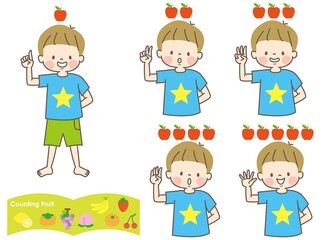 Fototapeta na wymiar 果物の数を数える男の子の表情セットとフルールセット