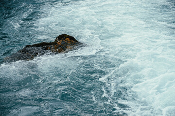 Mossy stone in azure water of mountain river close-up. Blue nature background with boulder with moss in turquoise water of mountain creek. Full frame of sea surf. Stone in ocean surf. Backdrop of tide
