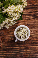Tea from fresh elder flowers. Hot drink, alternative medicine