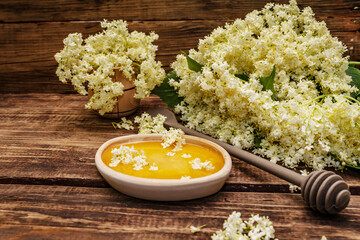 Honey and fresh elder flowers. Fragrant bouquet, alternative medicine