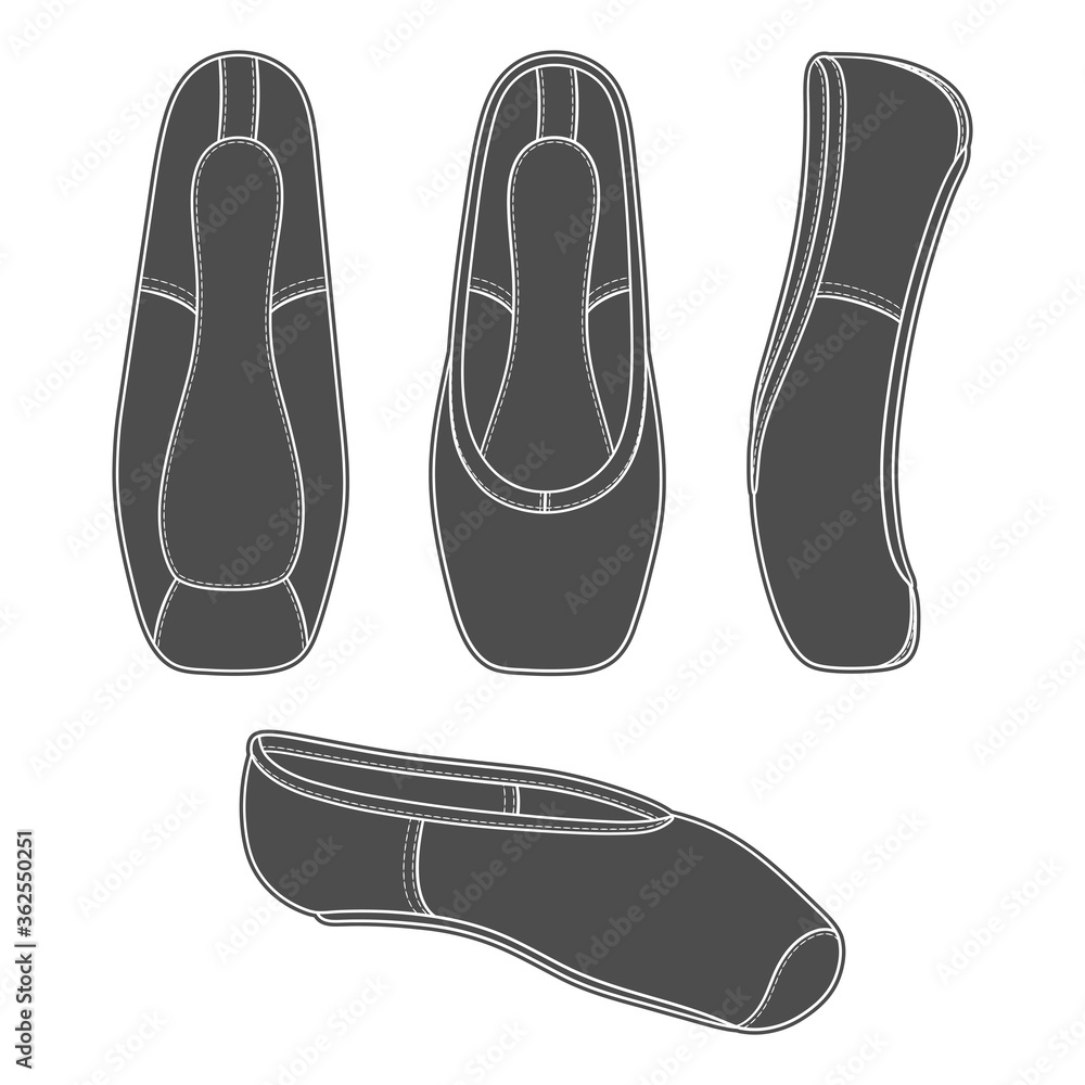 Poster set of black and white illustrations with pointe shoes, ballet shoes. isolated vector objects on a w