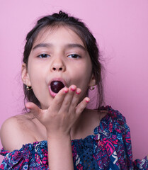 Excitement and fascination concept. Close up portrait.  actor pink background. foolish grimaces comical crazy gesture. Funny expression.  non-verbal reaction. emotional ecpression