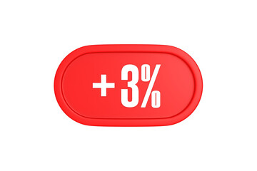 3 Percent increase 3d sign in red color isolated on white background, 3d illustration.