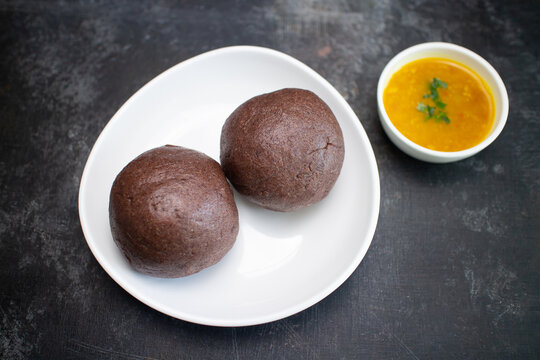 Ragi Mudde, Ragi sangati or finger millet balls healthy snack in Karnataka, India. Top view of traditional south Indian food