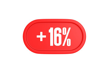 16 Percent increase 3d sign in red color isolated on white background, 3d illustration.