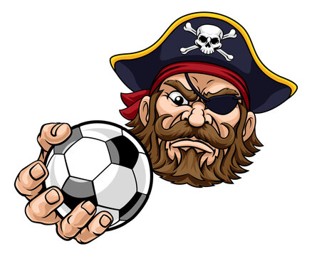 A pirate soccer football sports mascot cartoon character holding a ball