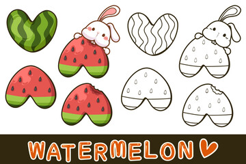 Cartoon cute heart shape watermelon with cute rabbit on white background doodle and color image style, Vector illustration.