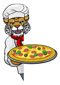 A panther chef mascot cartoon character holding a pizza peeking round a sign