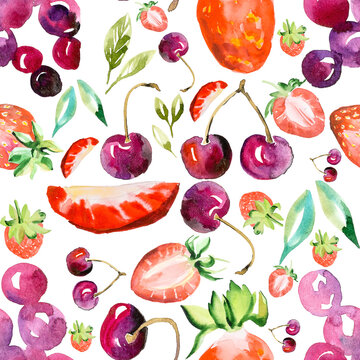 Seamless pattern summer fruits strawberries and cherries on a white background, watercolor handmade