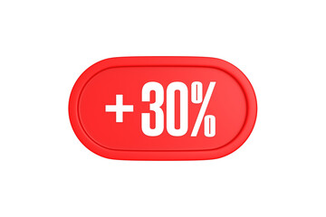 30 Percent increase 3d sign in red color isolated on white background, 3d illustration.