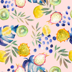 Seamless watercolor pattern. Abstraction. Exotic fruits, pitahaya, lemon, kivano, kiwi, monstera