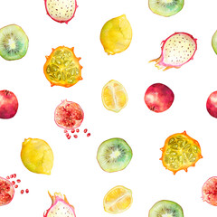 Seamless watercolor pattern. Exotic fruits. Kiwi, dragon fruit, lemon, pomegranate on white background