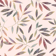 Seamless watercolor pattern. Leaves and twigs on a pink background