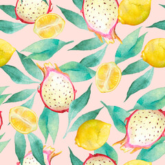 Seamless watercolor pattern. Lemon and dragon fruit on a pink background