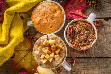 Fall and winter sweet dessert.  Traditional Autumn Cakes, Microwave Mug Pies -  Mug Pumpkin Pie, Apple Crumble Crisp Pie, Pecan Mug Cake