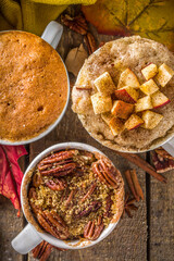 Fall and winter sweet dessert.  Traditional Autumn Cakes, Microwave Mug Pies -  Mug Pumpkin Pie, Apple Crumble Crisp Pie, Pecan Mug Cake
