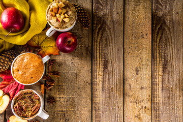 Fall and winter sweet dessert.  Traditional Autumn Cakes, Microwave Mug Pies -  Mug Pumpkin Pie, Apple Crumble Crisp Pie, Pecan Mug Cake