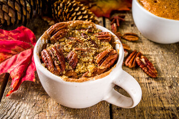 Fall and winter sweet dessert.  Traditional Autumn Cakes, Microwave Mug Pies -  Mug Pumpkin Pie, Apple Crumble Crisp Pie, Pecan Mug Cake