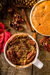Fall and winter sweet dessert.  Traditional Autumn Cakes, Microwave Mug Pies -  Mug Pumpkin Pie, Apple Crumble Crisp Pie, Pecan Mug Cake
