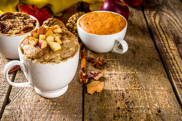 Fall and winter sweet dessert.  Traditional Autumn Cakes, Microwave Mug Pies -  Mug Pumpkin Pie, Apple Crumble Crisp Pie, Pecan Mug Cake