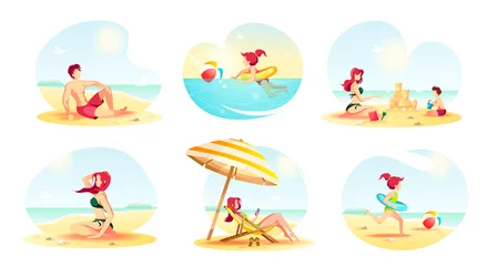 Fotobehang Set of beach scenes with people relaxing on the seashore. Vector Illustration for Beach Holidays, Summer vacation, Leisure, Recreation, Nature, Travel and Tourism. © TatyanaYagudina